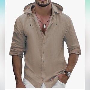 NWT Men’s Khaki Linen Blend Button-Down Coadtal Shirt w/ Hood – Size Large